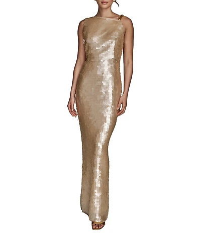 Donna Karan Asymmetric Neck Sequin Sheath Dress