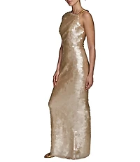 Donna Karan Asymmetric Neck Sequin Sheath Dress