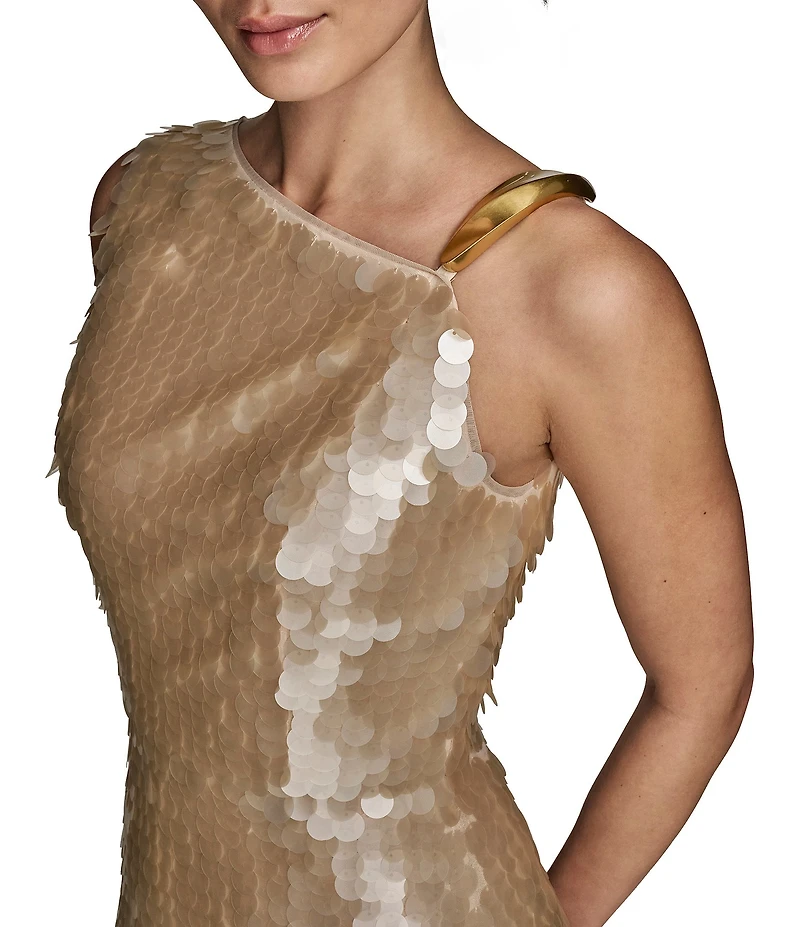 Donna Karan Asymmetric Neck Sequin Sheath Dress