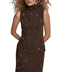 Donna Karan Beaded Mock Neck Ruched Sleeveless Top