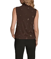 Donna Karan Beaded Mock Neck Ruched Sleeveless Top