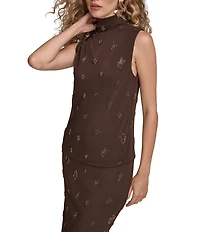 Donna Karan Beaded Mock Neck Ruched Sleeveless Top
