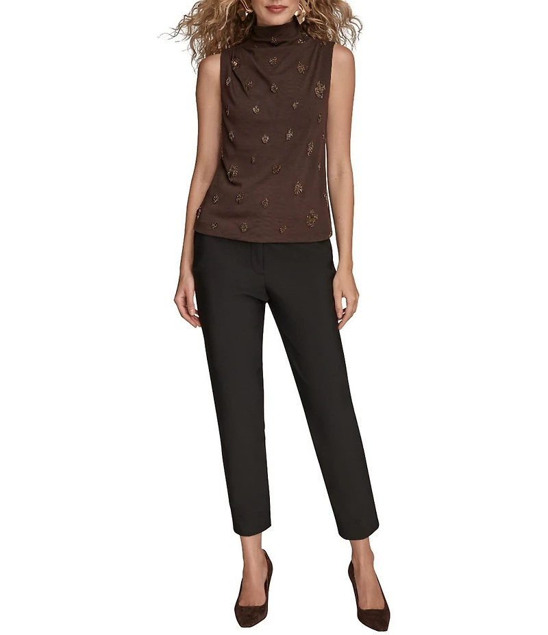 Donna Karan Beaded Mock Neck Ruched Sleeveless Top