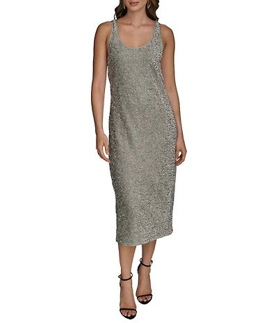 Donna Karan Beaded Velvet Scoop Neck Sleeveless Midi Sheath Dress