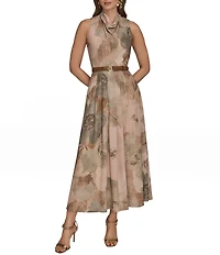 Donna Karan Belle Crepe Floral Print Mock Neck Dress