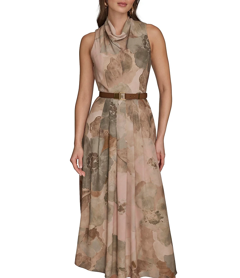 Donna Karan Belle Crepe Floral Print Mock Neck Dress