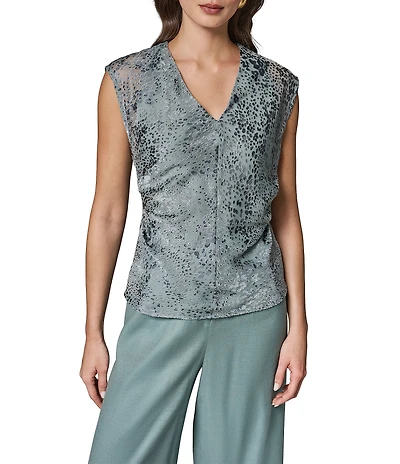 Donna Karan Blurred Dot Burnout V-Neck Sleeveless Top