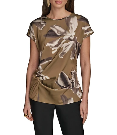 Donna Karan Blurred Floral Satin Back Crepe Short Sleeve Side Shirred Top