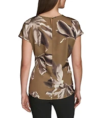 Donna Karan Blurred Floral Satin Back Crepe Short Sleeve Side Shirred Top