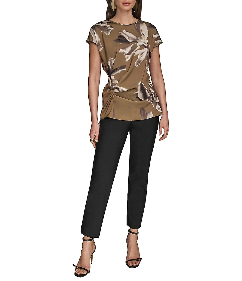 Donna Karan Blurred Floral Satin Back Crepe Short Sleeve Side Shirred Top