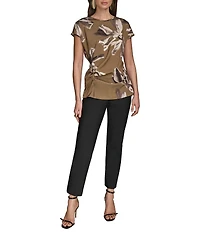 Donna Karan Blurred Floral Satin Back Crepe Short Sleeve Side Shirred Top