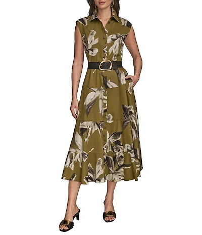 Donna Karan Blurred Floral Stretch Sateen Cap Sleeve Belted Button Front Midi Dress
