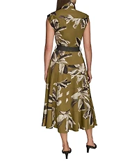 Donna Karan Blurred Floral Stretch Sateen Cap Sleeve Belted Button Front Midi Dress