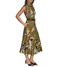 Donna Karan Blurred Floral Stretch Sateen Cap Sleeve Belted Button Front Midi Dress