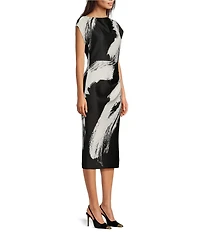 Donna Karan Boat Neck Short Sleeve Ruched Waist Scuba Midi Dress
