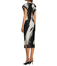 Donna Karan Boat Neck Short Sleeve Ruched Waist Scuba Midi Dress