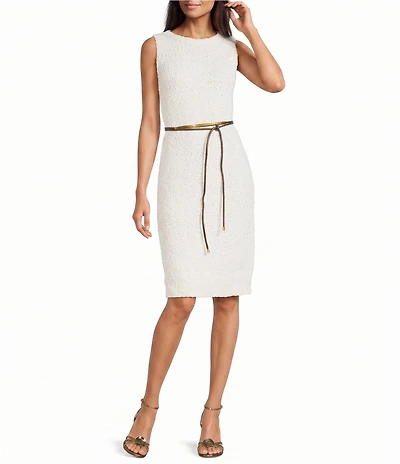 Donna Karan Boucle Crew Neck Sleeveless Lariat Belt Sheath Dress