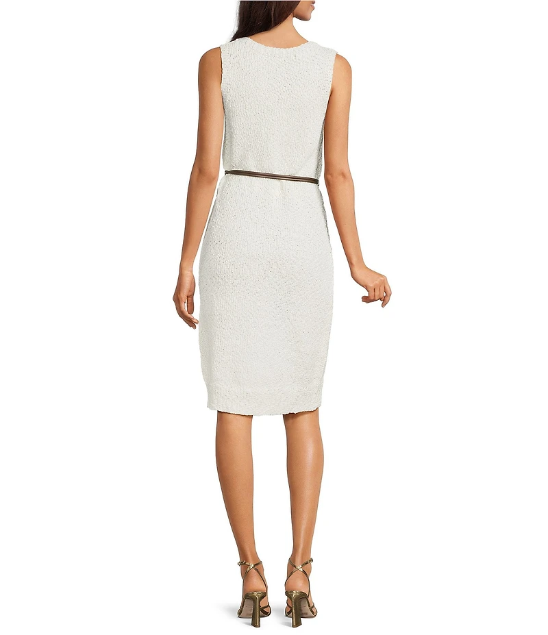 Donna Karan Boucle Crew Neck Sleeveless Lariat Belt Sheath Dress