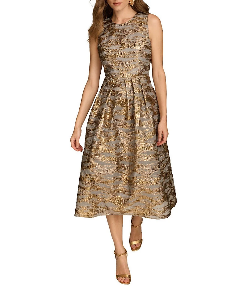 Donna Karan Brocade Crew Neck Sleeveless Metallic A-Line Midi Dress