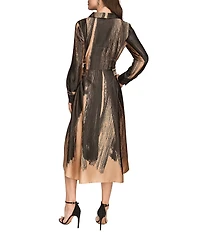 Donna Karan Brushstroke Twill Point Collar Long Sleeve Button Front Tie Waist Midi Dress