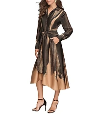 Donna Karan Brushstroke Twill Point Collar Long Sleeve Button Front Tie Waist Midi Dress