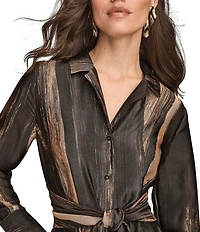 Donna Karan Brushstroke Twill Point Collar Long Sleeve Button Front Tie Waist Midi Dress