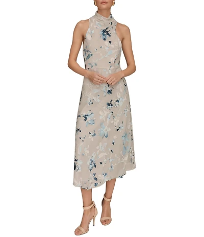 Donna Karan Burnout Floral High Neck Sleeveless A-Line Midi Dress