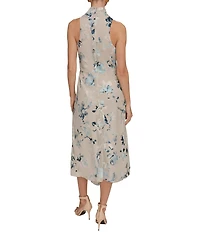 Donna Karan Burnout Floral High Neck Sleeveless A-Line Midi Dress