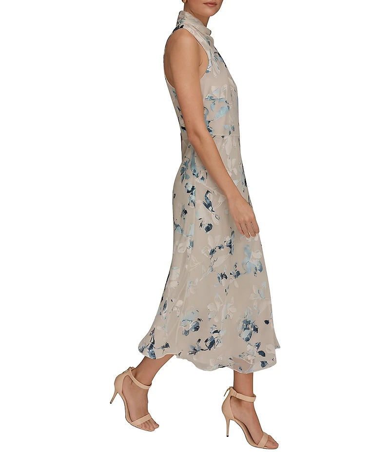 Donna Karan Burnout Floral High Neck Sleeveless A-Line Midi Dress