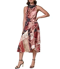 Donna Karan Burnout Geometric Cowl Neck Sleeveless A-Line Midi Dress