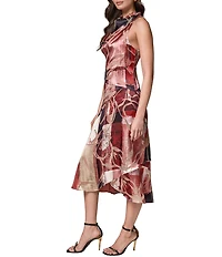 Donna Karan Burnout Geometric Cowl Neck Sleeveless A-Line Midi Dress