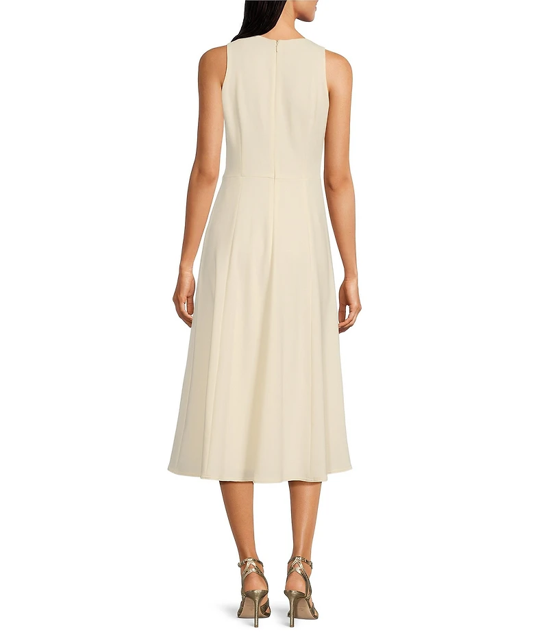 Donna Karan Cady Crepe Crew Neck Sleeveless Gold Broach A-Line Midi Dress