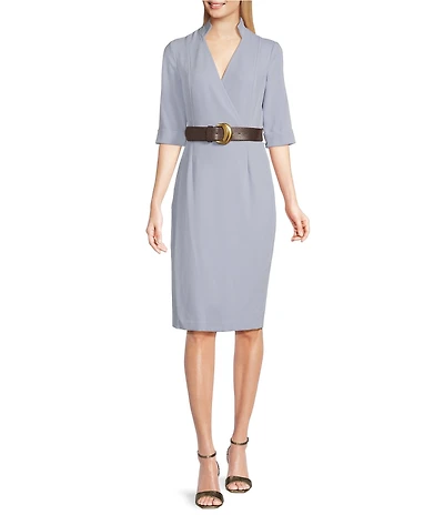 Donna Karan Cady Crepe V-Neck Short Sleeve Belted Sheath Dress