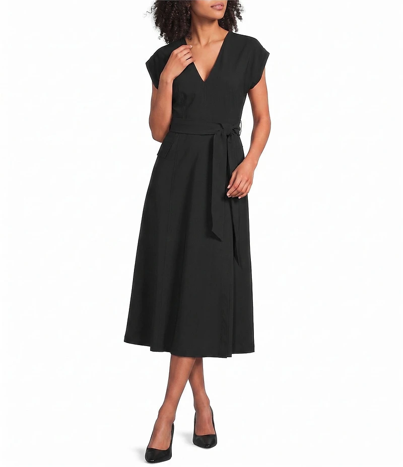 Donna Karan Cap Sleeve A-Line Self-Tie Midi Dress