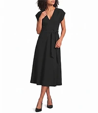 Donna Karan Cap Sleeve A-Line Self-Tie Midi Dress