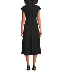 Donna Karan Cap Sleeve A-Line Self-Tie Midi Dress