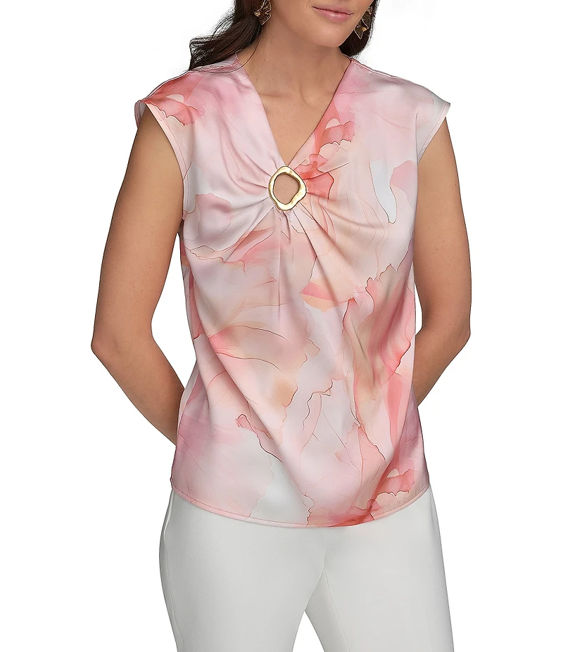 Donna Karan Cap Sleeve Printed Gold Hardware Keyhole Blouse