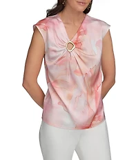 Donna Karan Cap Sleeve Printed Gold Hardware Keyhole Blouse