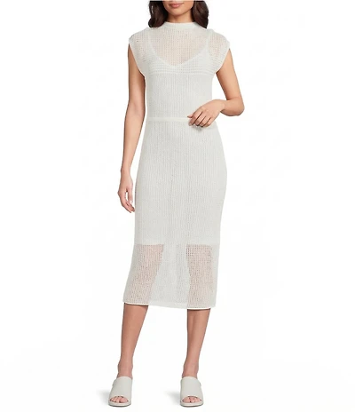 Donna Karan Cap Sleeve Mock Neck Knit Midi Dress