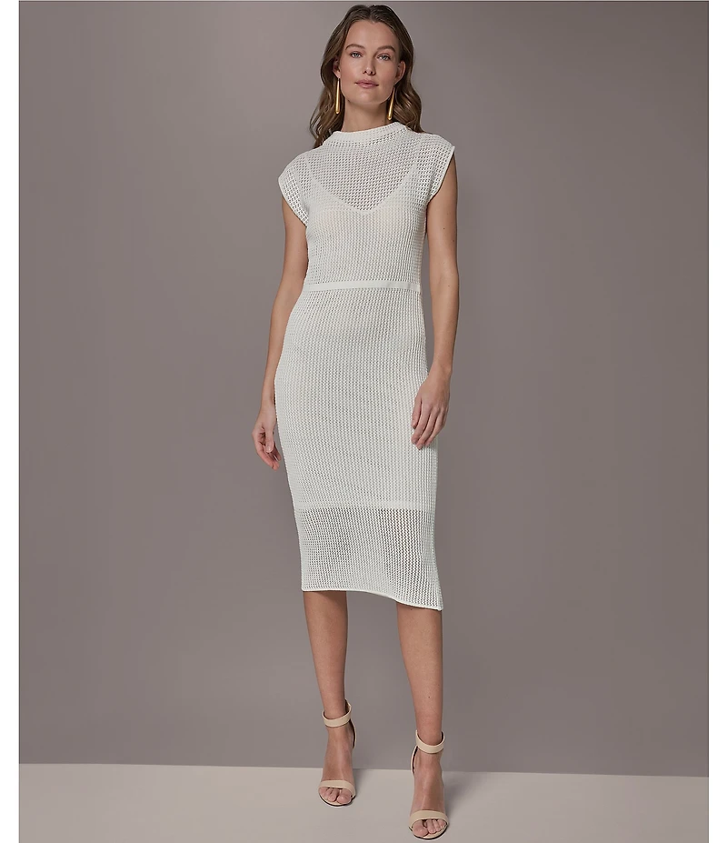 Donna Karan Cap Sleeve Mock Neck Knit Midi Dress