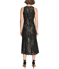 Donna Karan Cascade Sequin Crew Neck Sleeveless High Low Midi Dress