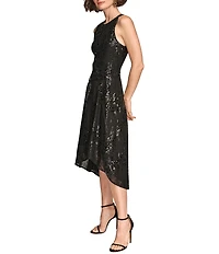 Donna Karan Cascade Sequin Crew Neck Sleeveless High Low Midi Dress
