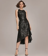 Donna Karan Cascade Sequin Crew Neck Sleeveless High Low Midi Dress