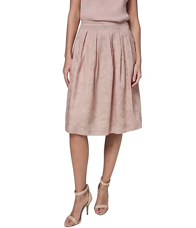 Donna Karan Chain Stitch Embroidered Satin Pleated Knee Length A-Line Skirt