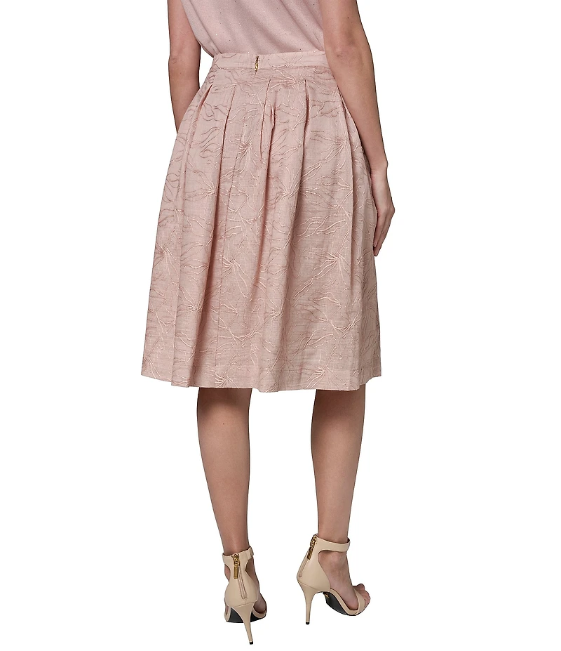 Donna Karan Chain Stitch Embroidered Satin Pleated Knee Length A-Line Skirt