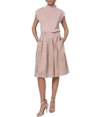 Donna Karan Chain Stitch Embroidered Satin Pleated Knee Length A-Line Skirt