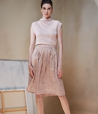 Donna Karan Chain Stitch Embroidered Satin Pleated Knee Length A-Line Skirt