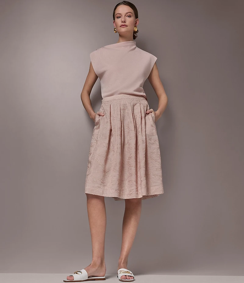 Donna Karan Chain Stitch Embroidered Satin Pleated Knee Length A-Line Skirt