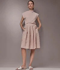 Donna Karan Chain Stitch Embroidered Satin Pleated Knee Length A-Line Skirt