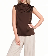 Donna Karan Charmeuse Ruched Mock Neck Pleated Shoulder Sleeveless Top